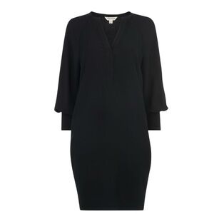 Whistles Zeta Rib Cuff Dress V-Neck Long Sleeve Black Shift Dress